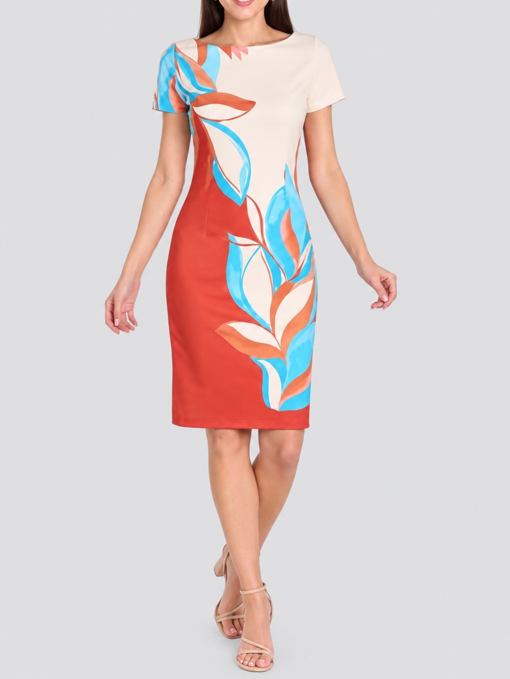 R&M Richards 4200 Floral Print Cocktail Sheath Dress Sz 12P Rust Cream Blue New